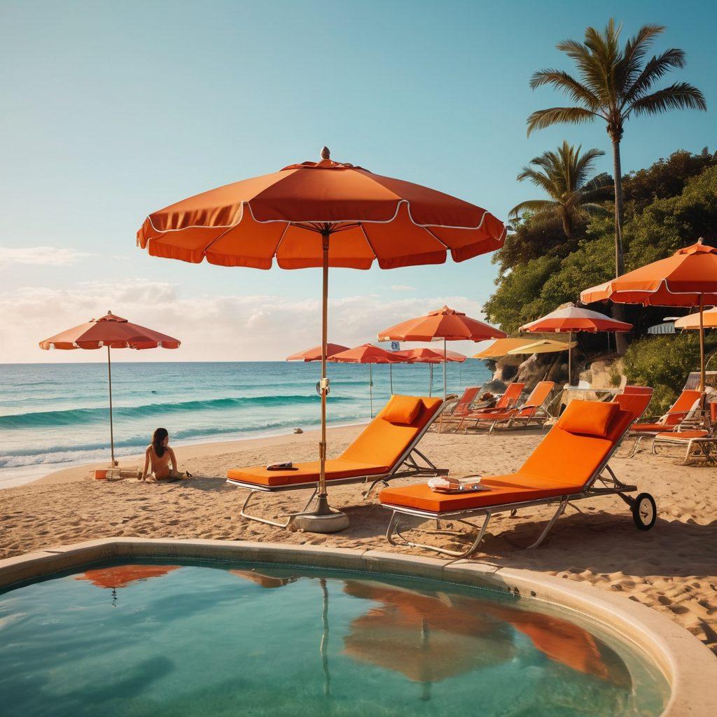 A vibrant summer beach scene featuring people wearing stylish swimsuits, lounging under colorful umbrellas, with a classic silver screen in the background displaying a nostalgic film. The atmosphere is playful yet carries a hint of melancholy with soft shadows and reflective water. The sky is a dreamy blend of sunset colors, enhancing the summer vibe contrasted with a subtle hint of longing. super-realistic. vibrant colors. cinematic.