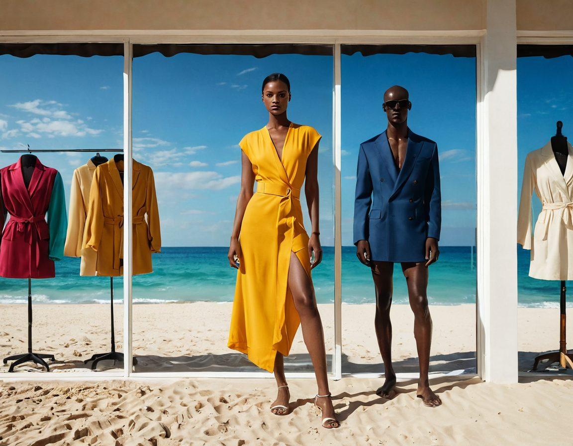 A contrasting scene showing a vibrant summer beach setting on one side with elegant, sun-kissed beach attire, while the other side features a dimly lit room with somber clothing styles displayed on minimalist screens. Include splashes of sunlight on the beach side and soft shadows on the screen side to emphasize duality. Stylish mannequins in dynamic poses enhance visual interest. super-realistic. vibrant colors. split image design.